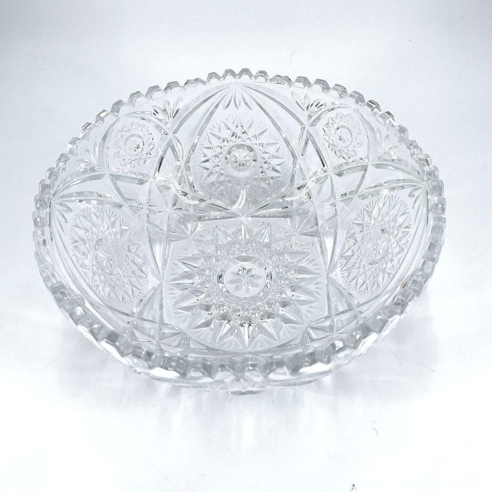 American Brilliant Period Intricate Cut Lead Crystal Saw Tooth‎ Rim Bowl Heavy